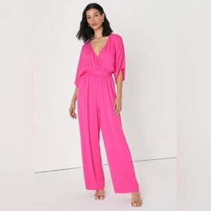 NWOT Lulu’s Festival Flirt Hot Pink Dolman Sleeve Wide Leg Jumpsuit Size S